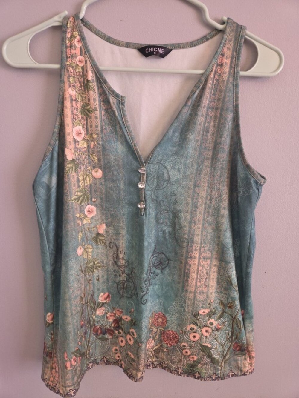 Womens Chicme Tank Top Blouse M Floral Geometric V Neck Decorative Buttons